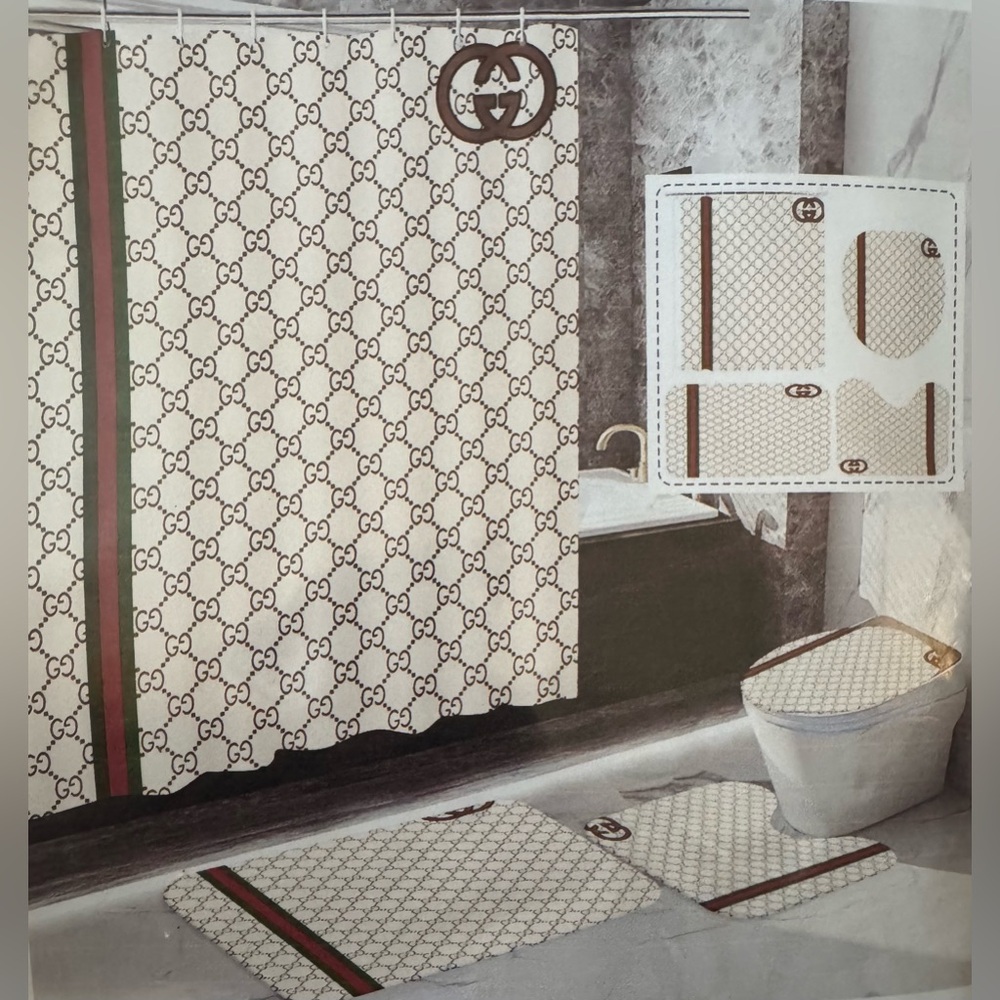 Elegant Patterned Shower Curtain Set - Cream and Brown